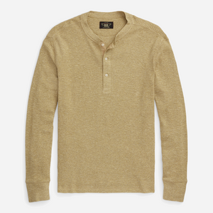Double RL By Ralph Lauren - Garment-Dyed Waffle Henley T-Shirt - Spring Beige - LS Henley Long Sleeve Pullover - Tan Heather - Main Front View