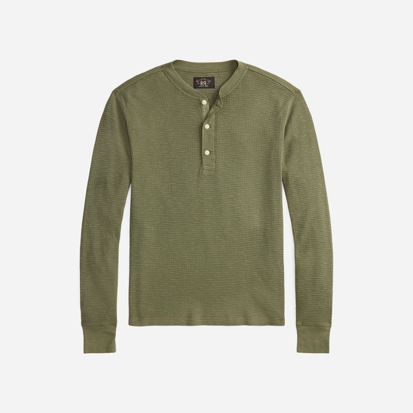 GARMENT-DYED WAFFLE HENLEY T-SHIRT - TREE GREEN