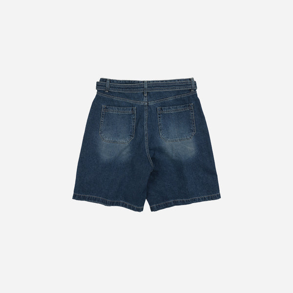 LYOCELL BELTED DENIM SHORTS - MID BLUE