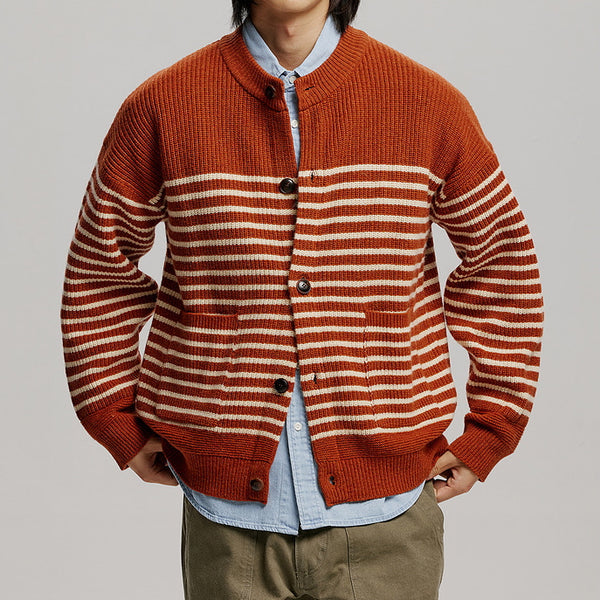 WOOL STRIPE ROUND CARDIGAN - BRICK