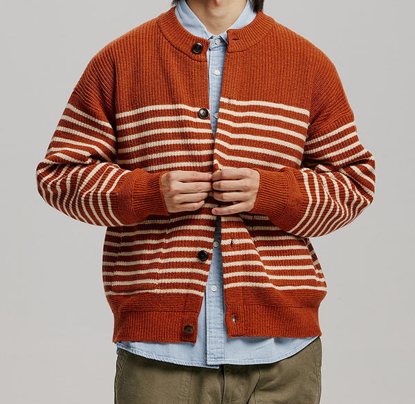WOOL STRIPE ROUND CARDIGAN - BRICK