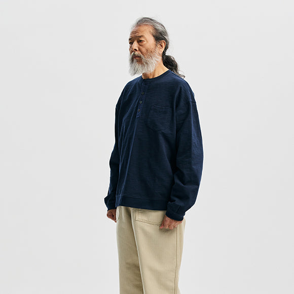 SLUB HENLEY L/S T-SHIRT - NAVY