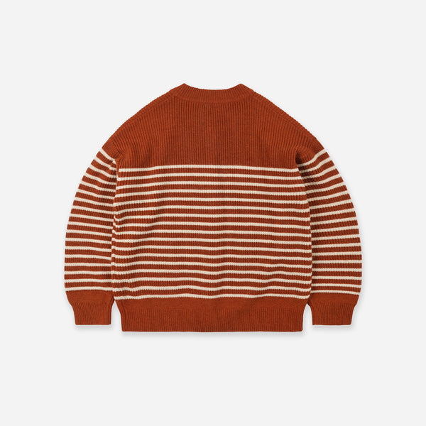 WOOL STRIPE ROUND CARDIGAN - BRICK