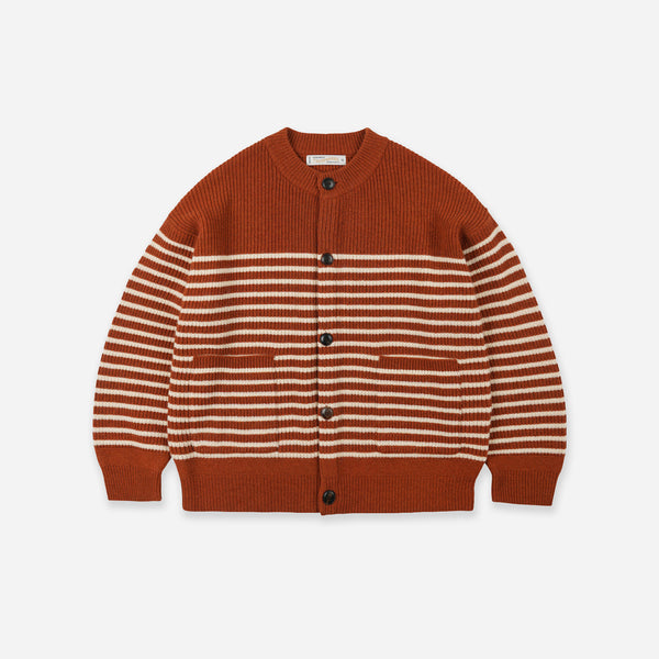 WOOL STRIPE ROUND CARDIGAN - BRICK