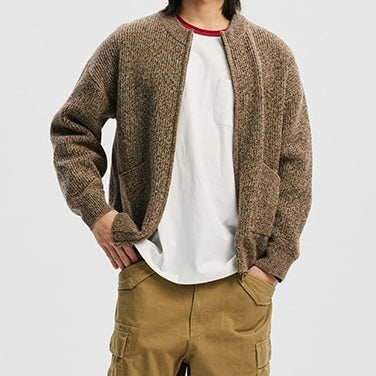 TWEED ZIP UP CARDIGAN - BROWN