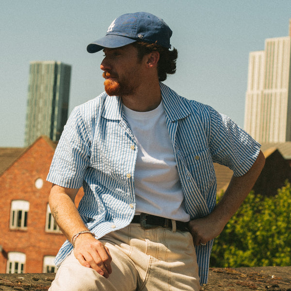 QUINCY SEERSUCKER CAMP SHIRT - NAVY STRIPE