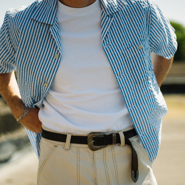 QUINCY SEERSUCKER CAMP SHIRT - NAVY STRIPE