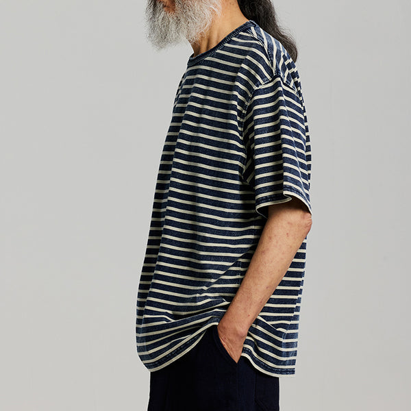 VINTAGE FADED STRIPE HALF T-SHIRT - INDIGO