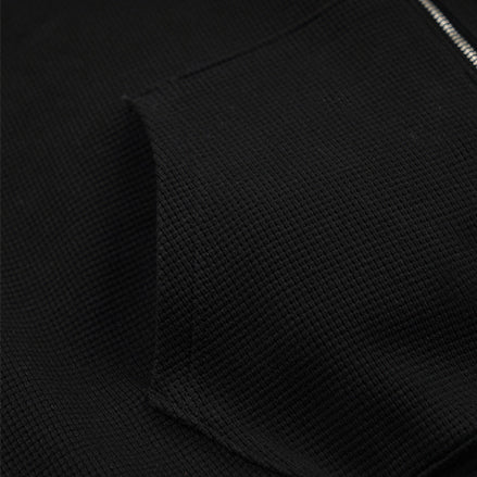 WAFFLE ZIP UP HOODIE - BLACK