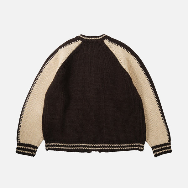 WOOL VARSITY CARDIGAN - BROWN/TAN